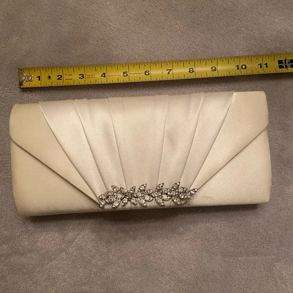 Elegant Ivory Satin Clutch with Rhinestone Accent - Picture 2 of 5